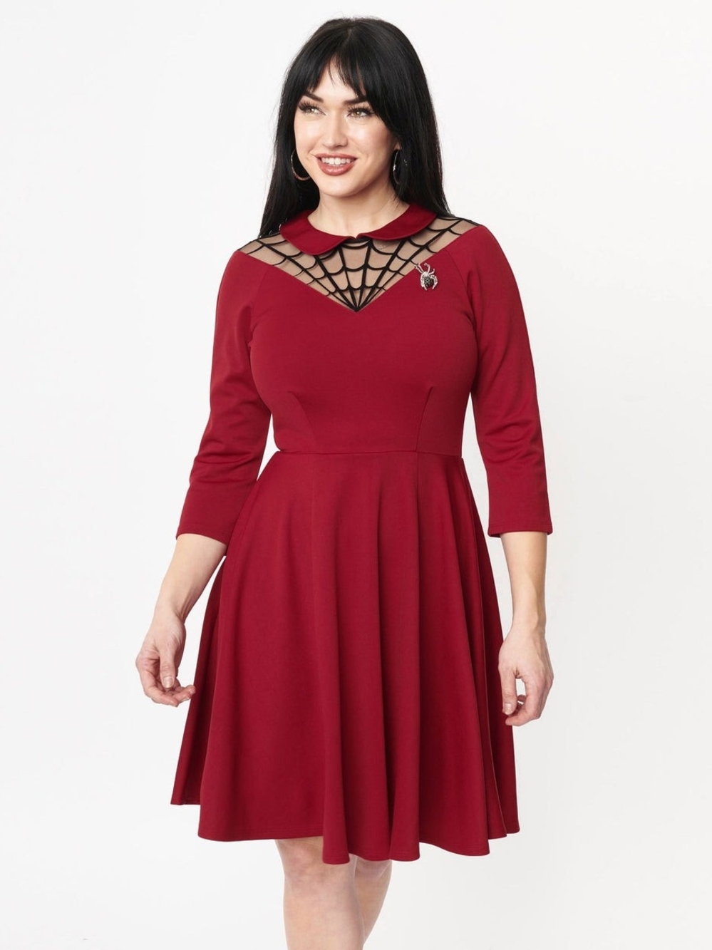 Unique Vintage Retro Gothic Red & Black Mesh Spiderweb Collared Dress